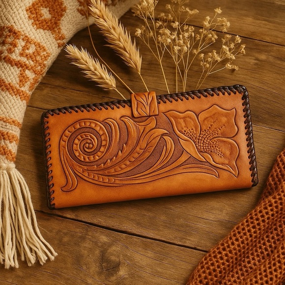 Vintage Handtooled Floral Leather Wallet - Picture 1 of 9